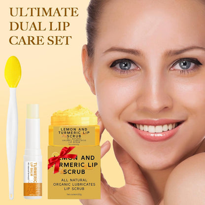 3PCS Turmeric Lemon Lip scrub and Turmeric Lip Balm with Brush Set, Lip Scrubber Exfoliator, Dark Lips Treatment for Smokers, Natural Exfoliator & Moisturizer Cracked, Dull, Reduce Fine Lines Lips