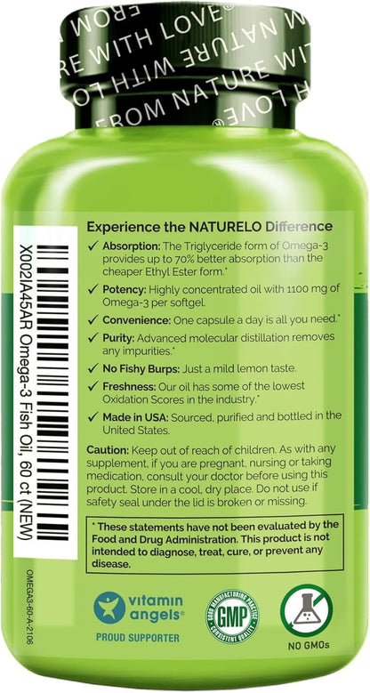 NATURELO Burpless Omega 3 Fish Oil Supplement - 1100mg Triglyceride Omega-3, EPA + DHA, Liquid Fish Oil for Heart, Eye, Brain, Joint Health - 60 Softgels, 2 Months Supply