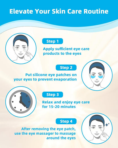 Under Eye Patches Silicone - 2 Pairs Reusable Eye Patches, Eye Wrinkle Patches, Reusable Under Eye Mask, Plump Fine Lines & Wrinkles, with Metal Eye Cream Applicator, Tin Case, Blue