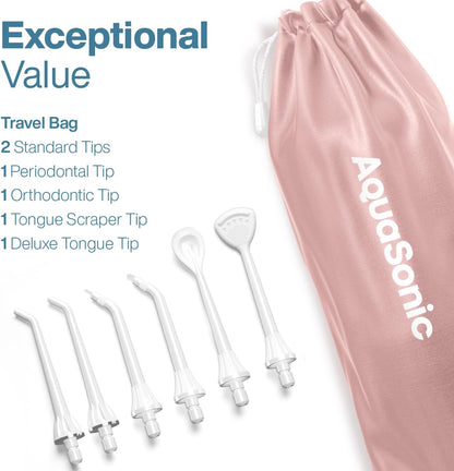 AquaSonic Aqua Flosser PRO - Rechargeable Cordless Water Flosser for Teeth, Gums & Tongue - Modern Design, 300ml Large Tank, 6 Jet Tips with Deluxe Tongue Nozzle, 3 Modes, Waterproof Rose Gold