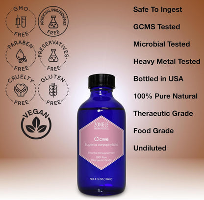 Clove Oil, Food Grade, for Teeth and Gums, Tooth Aches – 100% Pure, Clove, Bud, Essential, Oil, by Zongle Therapeutics, 4 OZ