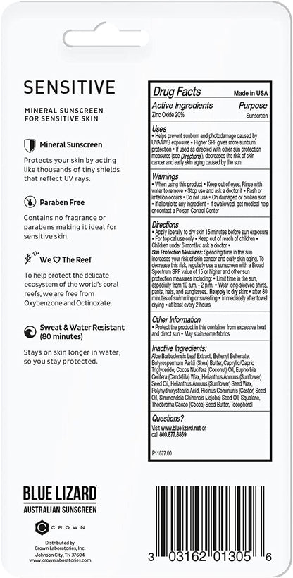 BLUE LIZARD Sensitive Mineral Sunscreen Stick with Zinc Oxide, SPF 50+, Water Resistant, UVA UVB Protection Easy to Apply, Fragrance Free, 0.5 Oz (Pack of 2)