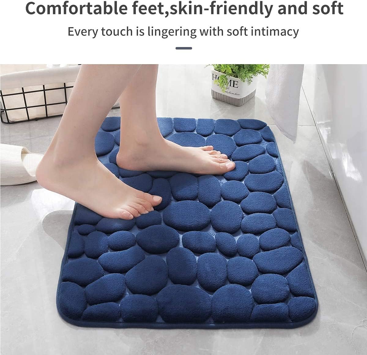 YIHOUSE Memory Foam Bath Mat Cobblestone Bathroom Rugs Super Water Absorbent Bath Mats for Bathroom Machine Washable Bath Rugs(17x24,Dark Blue)