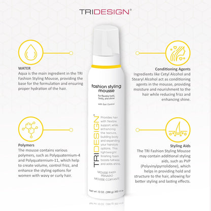 TRI Fashion Styling Mousse - Wavy Hair Volumizer & Curl Tamer with Frizz Control, Shine & Styling Options for Women, Hair Foam - 10 Ounce