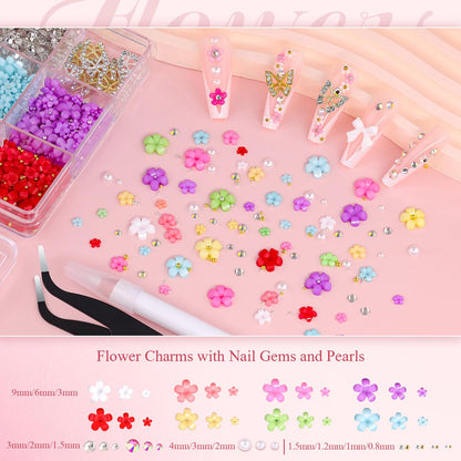 3D Nail Charms and Gems Set 11, 10PCS Gold and Silver Chunky Butterfly Nail Charms with Rhinestones, 3D Flowers for Nails, Flatback Crystals and Pearls + Picker Tool for Y2K Nail Decoration