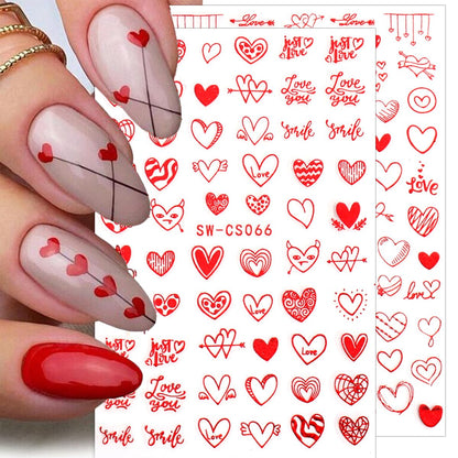 8 Sheets Valentines Nail Stickers Decal 3D Self-Adhesive Romantic Red Heart Nail Art Stickers Love Hearts Nail Design Acrylic Nail Art Supplies Valentines Day Nail Decals for Women DIY Nail Decoration