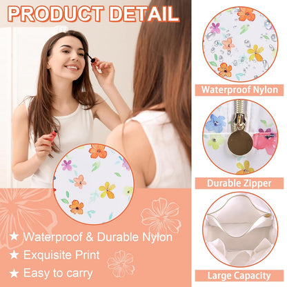 Waterproof Large Floral Makeup Pouch,Nylon Travel Toiletry Storage Purse Preppy Cosmetic Bag for Women Girl,Large Capacity Makeup Organizer Zipper Pouch for Work(L Colorful-Flowers)
