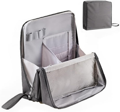 Standing Makeup Bag with Brush Holder, Organizer Travel Cosmetic Bags, Small Make Up Pouches for Women Grey