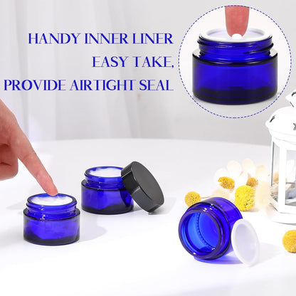 Domensi 100 Pcs 1 oz Glass Jars with Lids Bulk Round Glass Cosmetic Jars Lids 1 oz Small Travel Containers with Inner Liner for Lotions Powders Ointments Sample Cream(Cobalt Blue, Black)