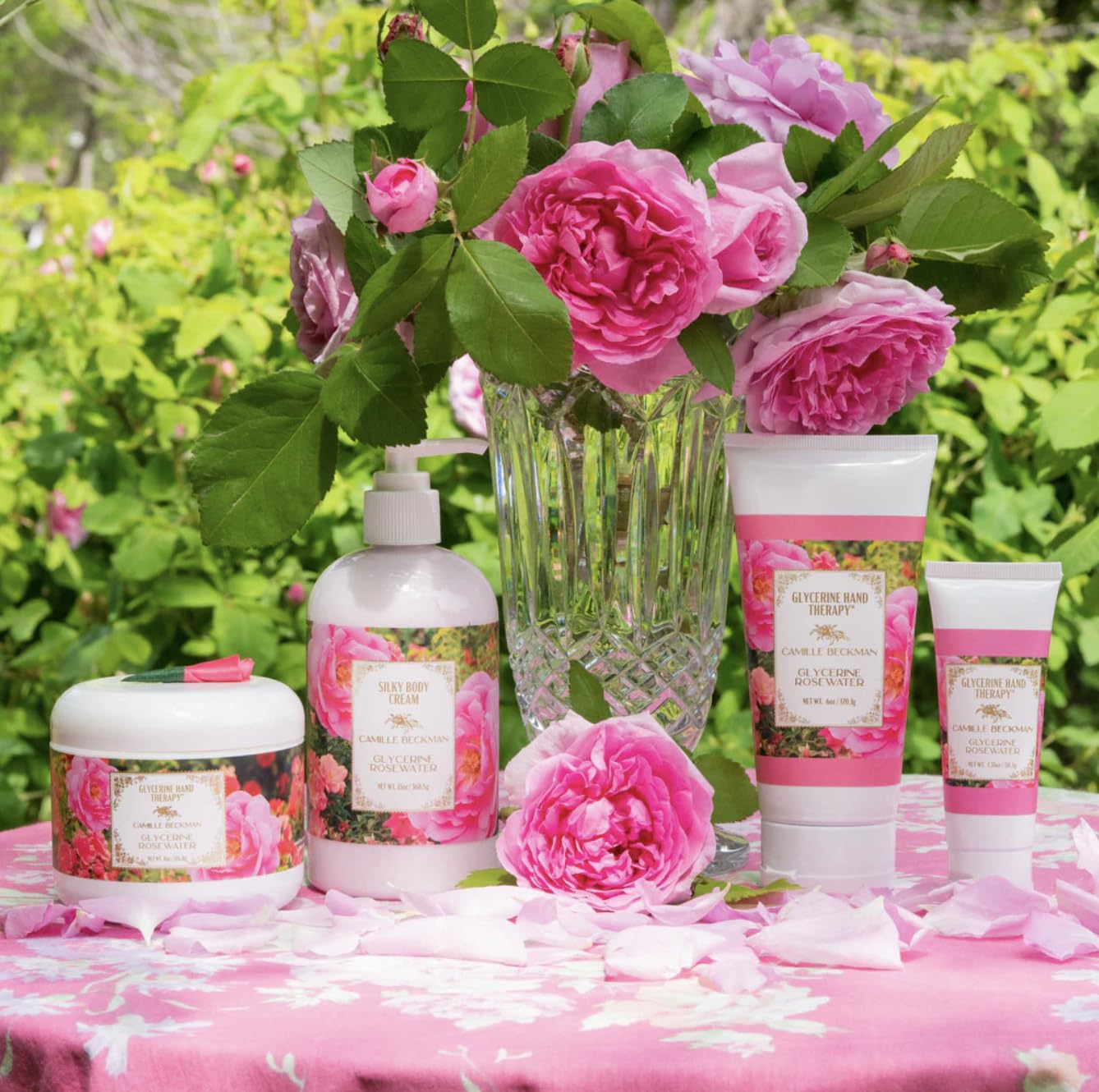 Camille Beckman Essentials Gift Basket, Glycerine Rosewater, Glycerine Hand Therapy 6 oz, Silky Body Cream 13 oz, Hand and Shower Cleansing Gel 13 oz, Glycerine Soap 3.5 oz