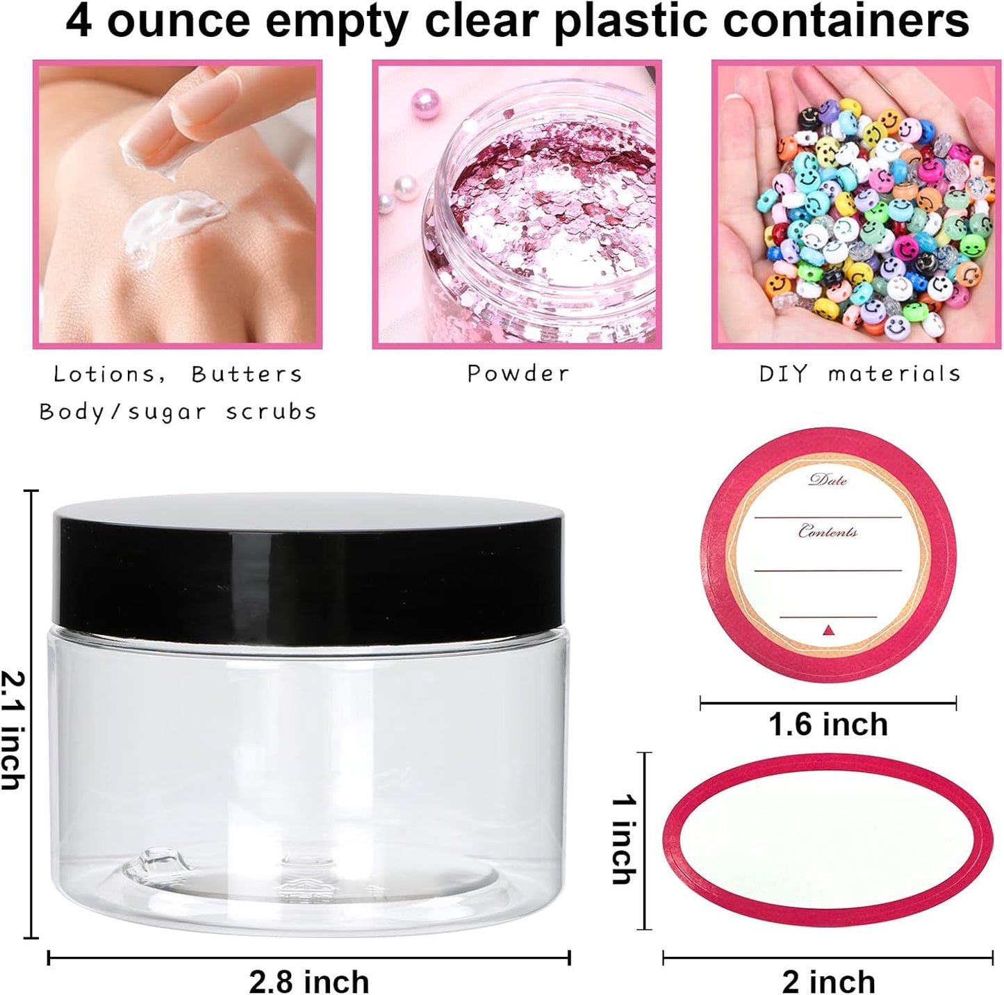 16 Pack 4oz Plastic Containers with Lids, Jars with Lids, Great for storing,lip balms, creams, ointments, cosmetics, samples
