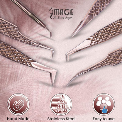 5 Pcs Fiber-Tip Japanese Steel Lash Tweezer Set with Leather Case, Professional Eyelash Tweezers for Lash Extensions – Titanium Coated, 90 & 45 Angled, Precision Pointed Tweezers (METALIC-ROSE)