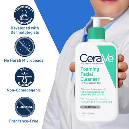 CeraVe Foaming Facial Cleanser, Daily Face Wash for Oily Skin, Hyaluronic Acid + Ceramides + Niacinamide, Fragrance Free & Paraben Free, Non-Drying Oil Control Face Wash, 8 Fluid Ounces