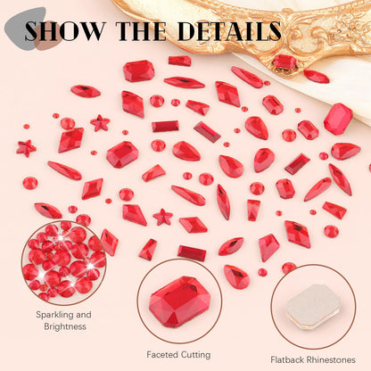 3220Pcs Red Glass Nail Rhinestones 120Pcs Multi Shapes Flatback Gems Crystal + 3100Pcs 1.5-4mm Round Beads, Manicure Diomand Jewelry Gemstones for Nail Design Makeup Acrylic Nails Decoration