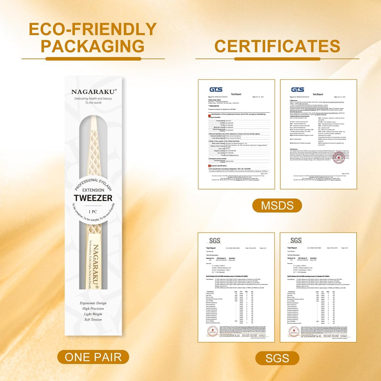 NAGARAKU Precision Fiber Tip Tweezer for Eyelash Extensions Diamond Grip Anti-Static Anti-Slip Premium Gold Stainless Steel Curved Volume Eyelashes Tweezers Supplies with Box(45 Degree Tweezer AG-07)