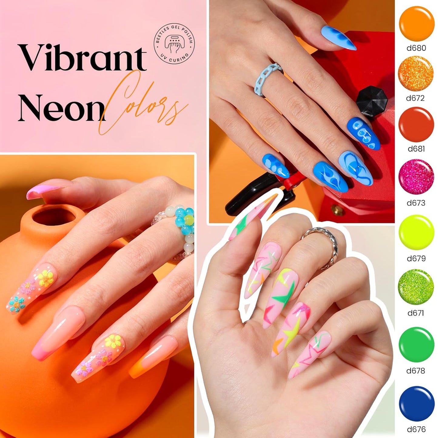 Beetles Gel Polish Liner Nail Art Set, 50 Colors Spring Summer Reflective Glitter Pink Red Blue Green Silver Gel Polish Soak Off UV Built Thin Brush in Bottle Nail Design Polish Rainbow Nails