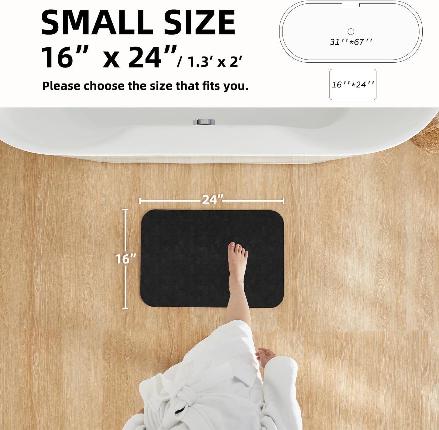 Black Bath Mat, Bathroom Rugs Non Slip Washable Thin Absorbent Quick Dry Bath Mat Fits Under Door Bathroom Floor Mat Perfect for Bath, Shower, or Sink 24"x60" Black