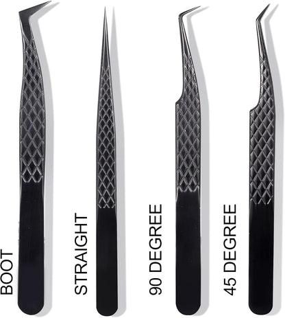 Fiber Tip Lash Tweezers For Eyelash Extension 4 Pcs Tweezers Professional Artist Tech Work Kit Tools,Best Volume Eyelash Lashes Extensions Precision Volume Boot 90 45 Degree(Titanium black)