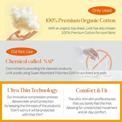 Livlit Large Size Ultra Thin Sanitary Pads, 100% Organic Cotton from Texas, Powerful Leak Protection, Unscented, Chlorine Free and Absorbency of Feminine Periods, Pads for Women (12 Count)