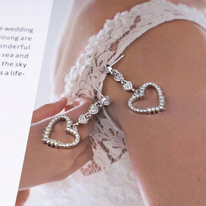 Vintage Rhinestone Heart Dangle Earrings Long Crystal Heart Earrings Silver Hollow Heart Drop Earrings Cz Love Heart Stud Earrings Jewelry for Women