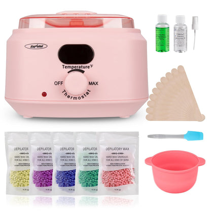 Sunvivi Wax Kit Digital Hair Removal Waxing Kit for Women & Men, Hot Wax Warmer Pot with 5 Bag Hard Wax Beads, Wax Melt Warmer Kit for Full Body, Legs, Face, Bikini,Sensitive skin, Pink
