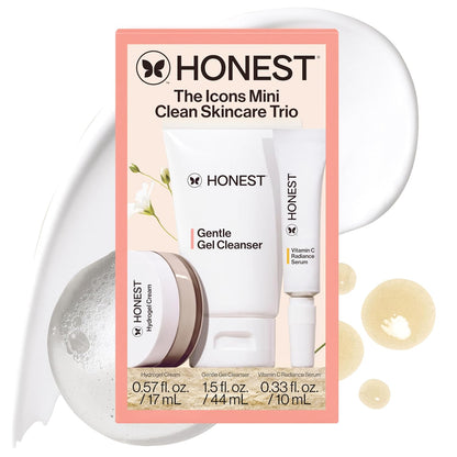 Honest Beauty The Icons Skincare Trio Travel Kit | Mini Hydrogel Cream, Gentle Gel Cleanser, Vitamin C Radiance Serum | Gentle for Sensitive Skin + Vegan