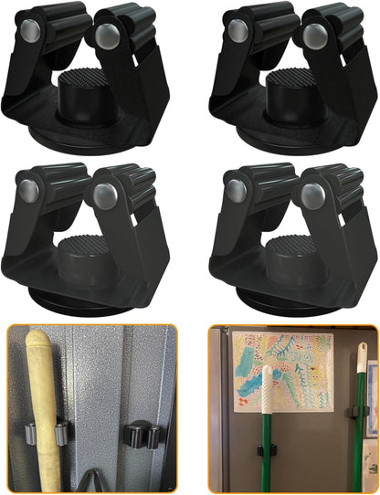 Magnetic Broom Holder for Refrigerator, No Drilling Magnetic Broom Holder Black Steel Magnetic Tool Mount for Home, Kitchen, Laundry, Garage, Workshop - 2 Pack Black+2 Pack Grey