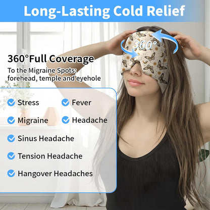 Migraine Relief Cap,Headache Relieve Cap,Beige Boho Butterfly Reusable Gel Ice Head Wrap Cap for Tension,Stress,Hangover & Puffy Eyes.