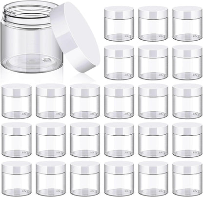 TUZAZO 24 Pack 2 Oz Small Plastic Container Jars with Lids and Labels BPA Free, Empty Round Clear Cosmetic Containers Plastic Slime Jars for Lotion, Cream, Ointments, Samples, Travel Storage (24)