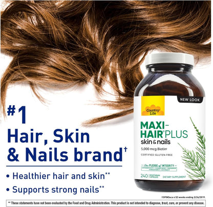 Country Life, Maxi-Hair Plus Biotin, Supports Healthy Hair, Skin and Nails, Daily Supplement, 240 ct