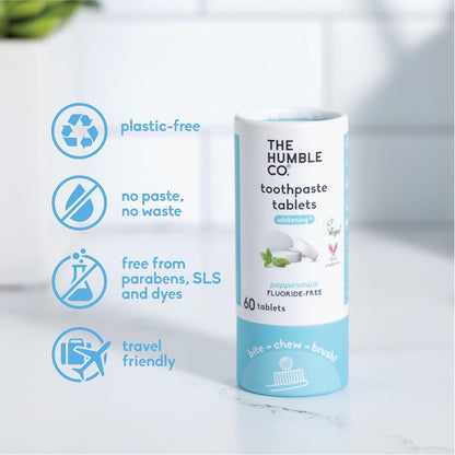The Humble Co. Whitening Toothpaste Tablets – Fluoride Free Toothpaste Whitening Tablets, Dentist Developed Formula, Vegan, SLS Free, Plastic Free (Peppermint, 2 PK)