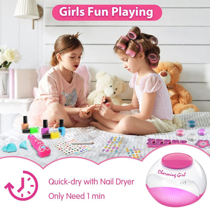 BATTOP Kids Nail Polish Set for Girls, Nail Art Kits with Nail Dryer & Glitter Pen, Quick Dry & Peel Off & Non-Toxic Nail Polish, Christmas Birthday Gifts for Girls Ages 6 7 8 9 10 11 12