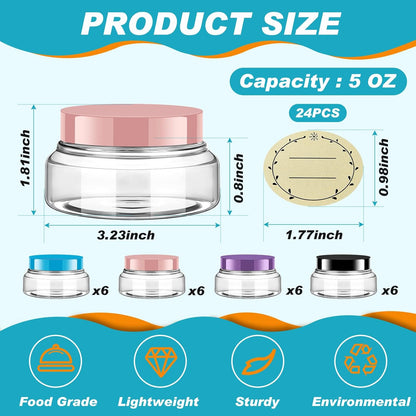 Tessco 24 Pack Plastic Jars with Lids Labels Empty Clear Plastic Jars Round Refillable Cosmetic Containers Body Butter Containers Bulk Sugar Scrub Bottle for Make Up(5 oz,Multicolor)