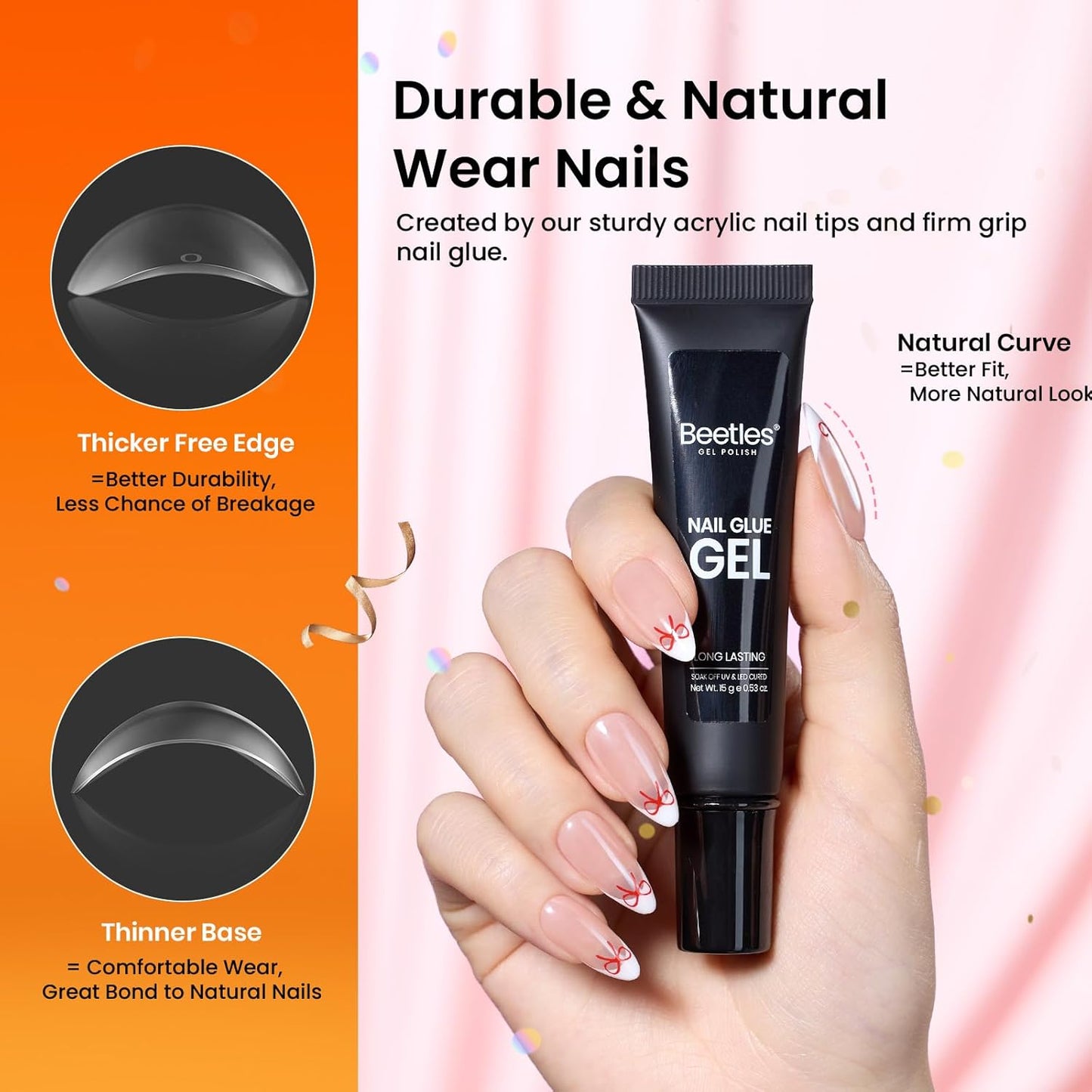 Beetles Gel Nail Kit Medium Almond with Nail Dehydrator and Primer, 576Pcs Half Matte Etch-X Gel Nail Tips Solid Nail Glue Mini Nail Lamp Acrylic Nail Tips Easy DIY Nail Extension Set Gift for Women