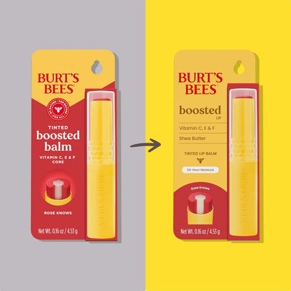 Burt’s Bees Tinted Boosted Balm, Rose Knows, Hydrating Tinted Lip Balm with Vitamin C, E, and F Core, 24 Hour Lip Moisturizer with Responsibly Sourced Beeswax, 100% Natural Origin, 1 Count, 0.16oz