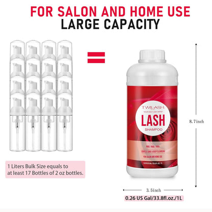 Lash Shampoo Bulk, Eyelash Cleanser for Extensions 1 Liters, Safe Makeup Remover, Non-irritating or Burning Formula Eyelid Foaming Cleanser for Professional Salon and Home Use (Rose-1L)