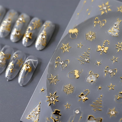 Christmas Nail Stickers 5D Embossed Gold Christmas Nail Decals Holiday Nail Art Stickers with Snowman Xmas Tree Star Snowflake Nail Design Christmas Nails Supplies for Women Girls