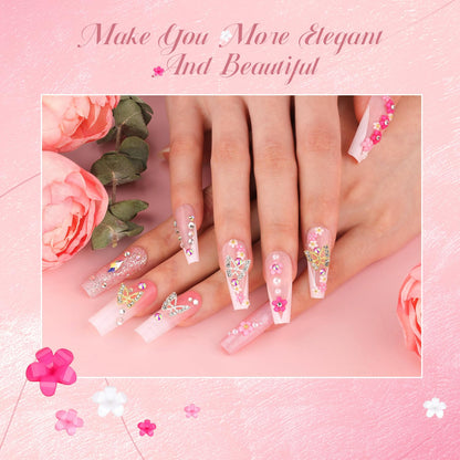 3D Nail Charms and Gems Set 2 with Rhinestone Glue, 20PCS Gold and Silver Chunky Butterfly Nail Charms, 3D Flowers for Nails, Flatback Crystals and Pearls + Diamonds + Picker Tool for Y2K Nail Decor