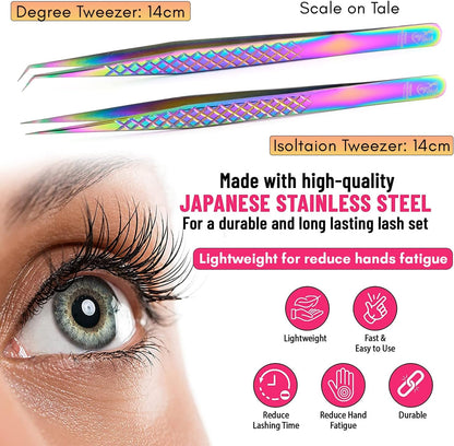 2pcs Curved & Straight Isolation Tweezers for Eyelash Extensions – 14cm Japanese Stainless Steel, Diamond Grip Non Slip Grip, Rainbow Set, Best for Classic & Individual Lashes