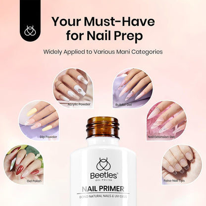 Beetles 20ml Nail Primer for Gel Nail Polish, Hema Free Dehydrator and Primer Bond Acid-Free Fast for Acrylic & UV Gel Gift for Women