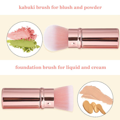 Makeup Brush 2 Pack, Retractable Travel Kabuki Powder Foundation Makeup Brush Face Blush Brushes for Blending Liquid, Blush, Bronzer, Buffing, Sunscreen,Flawless Cosmetics