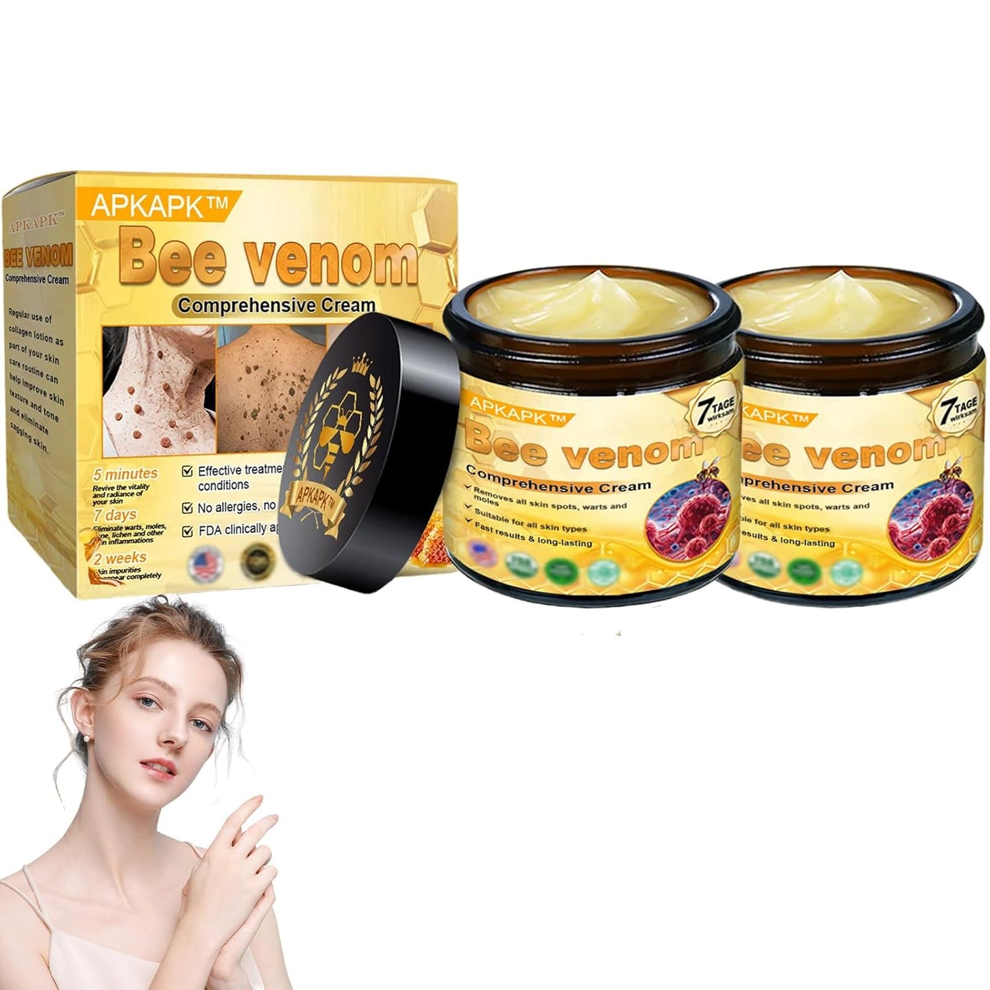 Bee Venom Comprehensive Cream, Professional bee venom cream for Removing and Repair, APKAPK Bee Venom Skin Treatment Cream, Natural Serum Suitable for All Skin Types (2 Pack)