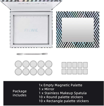 Empty Magnetic Makeup Palette with Mirror, Spatula, 20 Metal Stickers, Suitable for Eyeshadow Lipstick Blush Powder Highlighter and Contour, DIY Refillable, Holographic Stripes (Black, Medium)