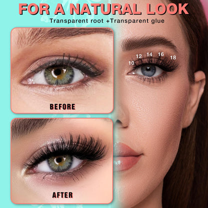 No Glue Needed Lashes, Self Adhesive Eyelashes, DIY Lash Cluster Eyelash Extensions Kit 10‑18mm,100pcs Fluffy D Curl Soft Natural Lashes with Tweezers–Fake Cat Eye Wispy Individual Clusters(NGDY31)