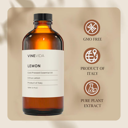 VINEVIDA Lemon Essential Oil 4 oz - Undiluted Lemon Oil 4 oz - Lemon Candle Oil Scent - DIY Candle Scents for Candlemaking - Bulk Essential Oil for Soap Making Safe for Skin (4OZV-OBP-LEM-ARG-120ML)