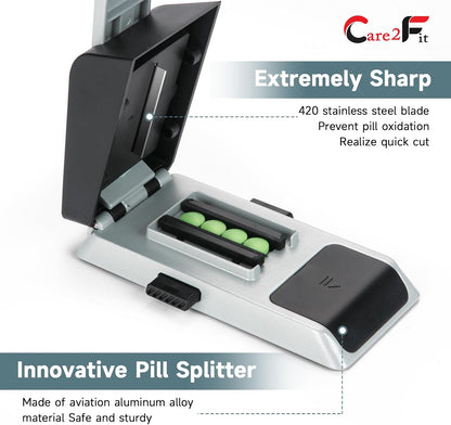Auto Centering Pill Cutter Device, Pill Splitter Made of Aviation Aluminum Alloy with 402 Stainless Blade, Anti Cut Design,Ergonomic Operation Control,Designed in The USA (Silvery)