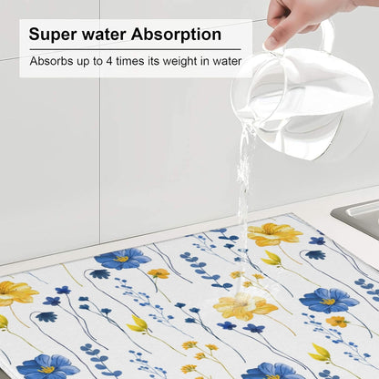 Navy Blue Yellow Flower Dish Drying Mat for Kitchen Counter Watercolor Floral Decorative Dish Drainer Rack Mats 16"x18" Absorbent Reversible Drying Pad