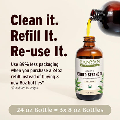 Banyan Botanicals Refined Sesame Oil – Organic Sesame Oil for Skin, Body, Hair & More – Multiple Sizes – 8 oz – Non GMO Sustainably Sourced Vegan