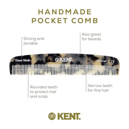 Kent 7T TW All Fine Tooth Pocket Comb for Men - Handmade Hair Comb for Men for Everyday Grooming and Styling - Travel Comb for Hair Care, Mustache and Beard Care, Use Dry or with Balms, Saw Cut and