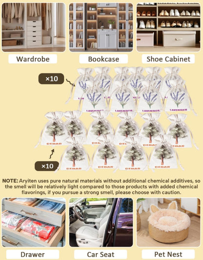 20 Pack Cedar Chips and Natural Dried Lavender Sachets Bags - Stop Clothes Damage, Cedar and Lavendar Home Fragrance Sachets for Drawers and Closets